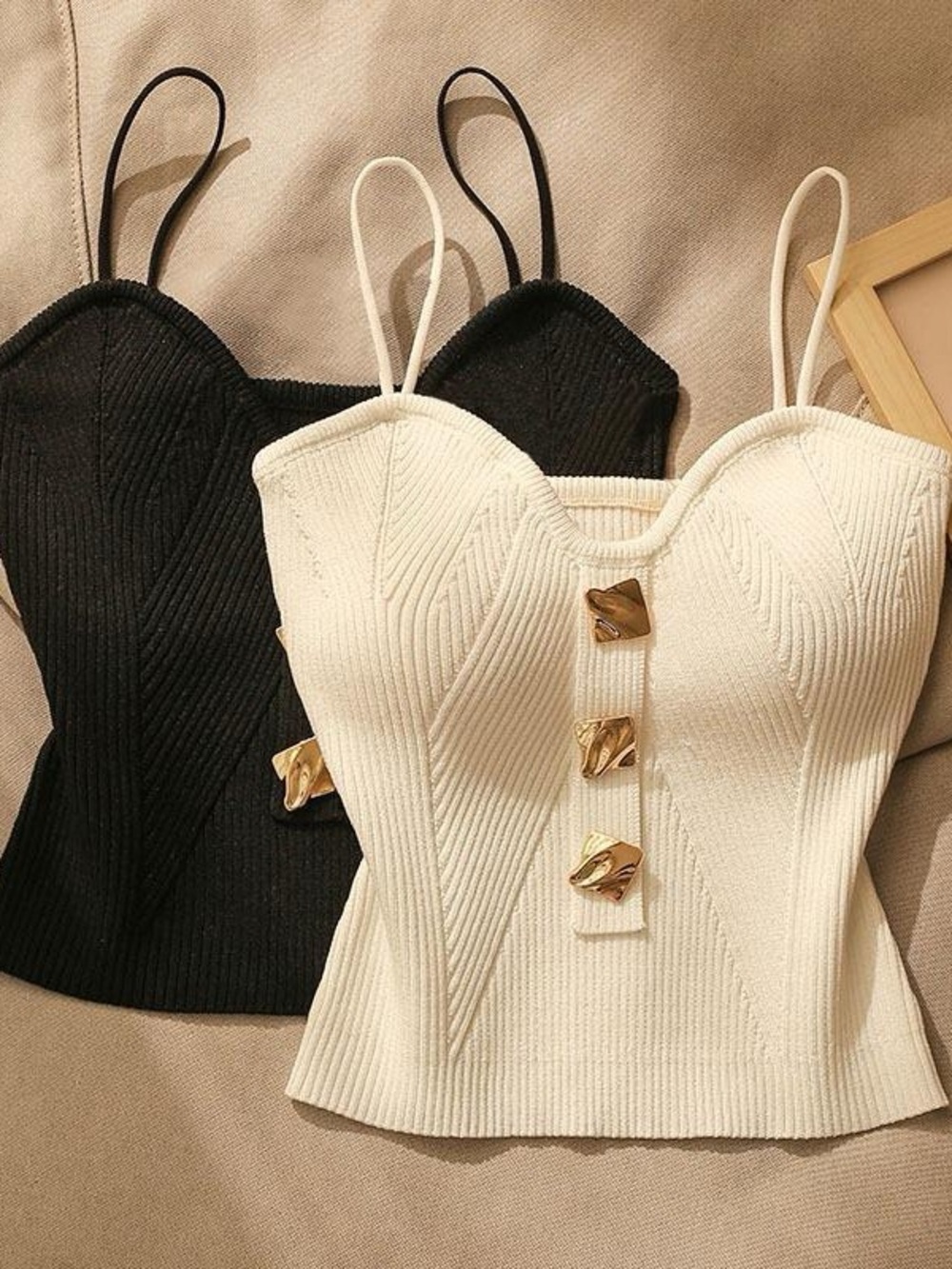 Ribbed Knit Bustier Cami with Gold Button Detail - Black & Cream